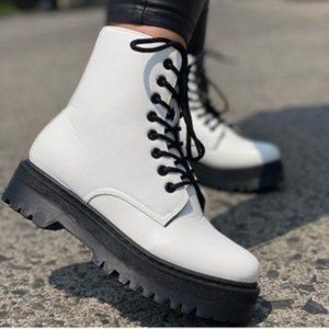 White Vegan Leather Lace Up Combat Boots